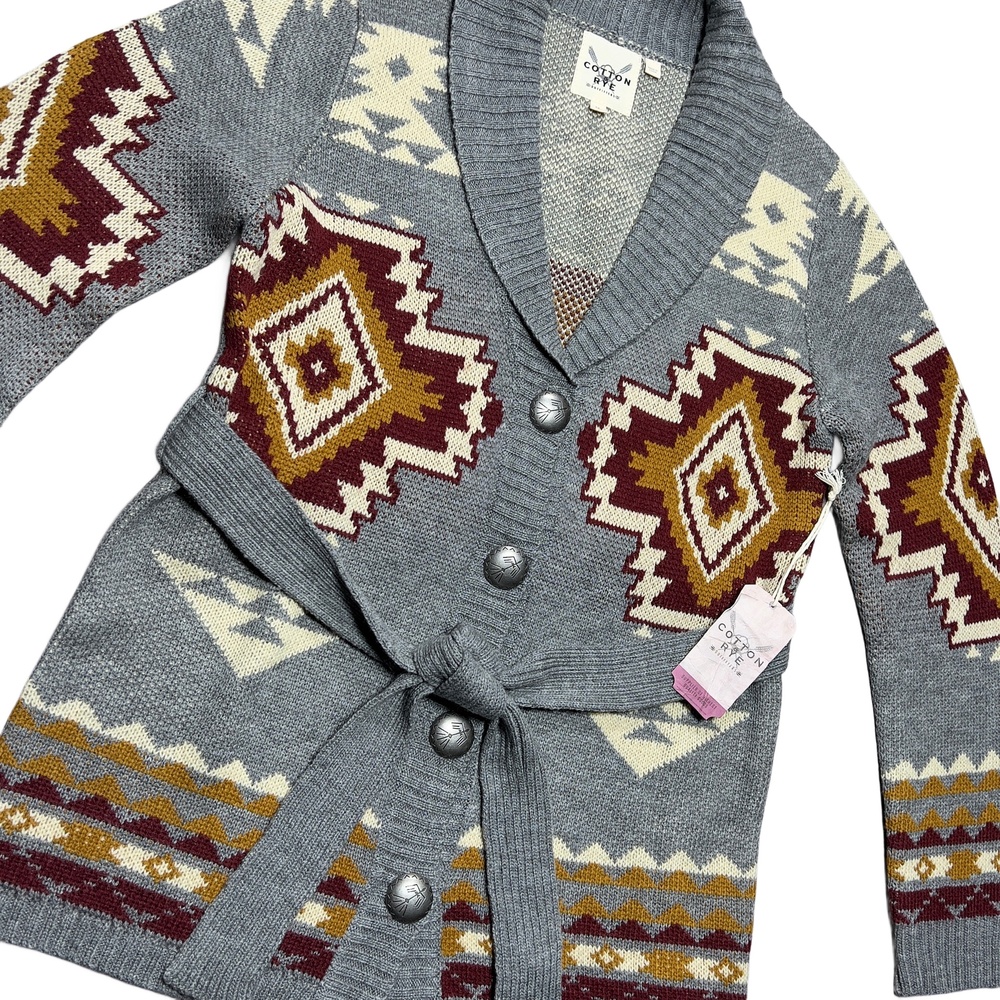 Cotton & Rye Outfitters Cardigan Womens Medium Gray Aztec Belted Knit Western